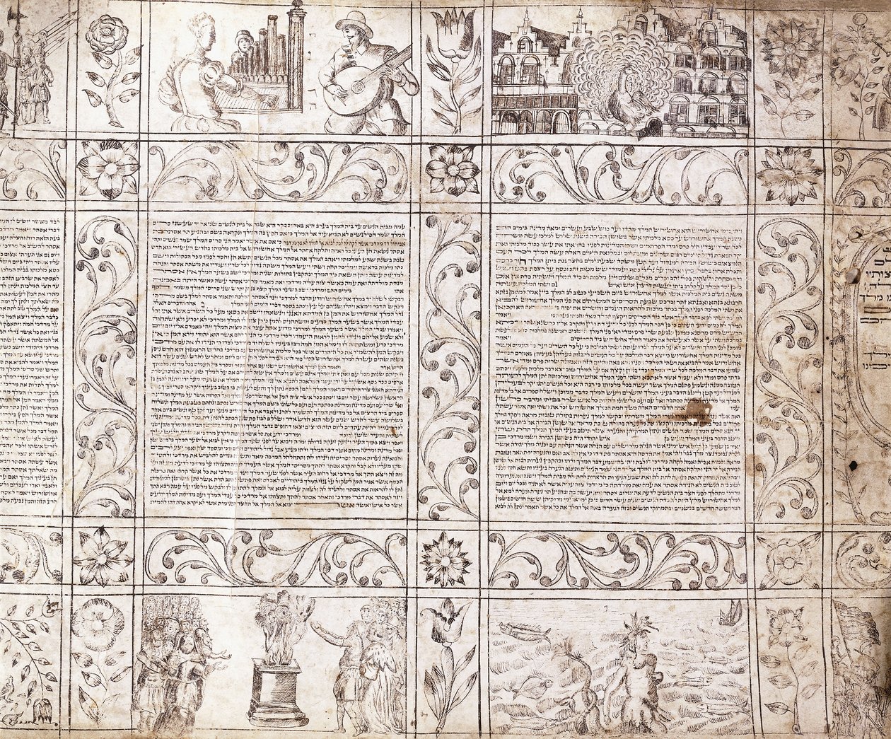 Manuscrito iluminado en escritura sefardí, mostrando escenas de la vida holandesa y la Biblia con cartuchos florales, siglo XVII de Netherlandish School