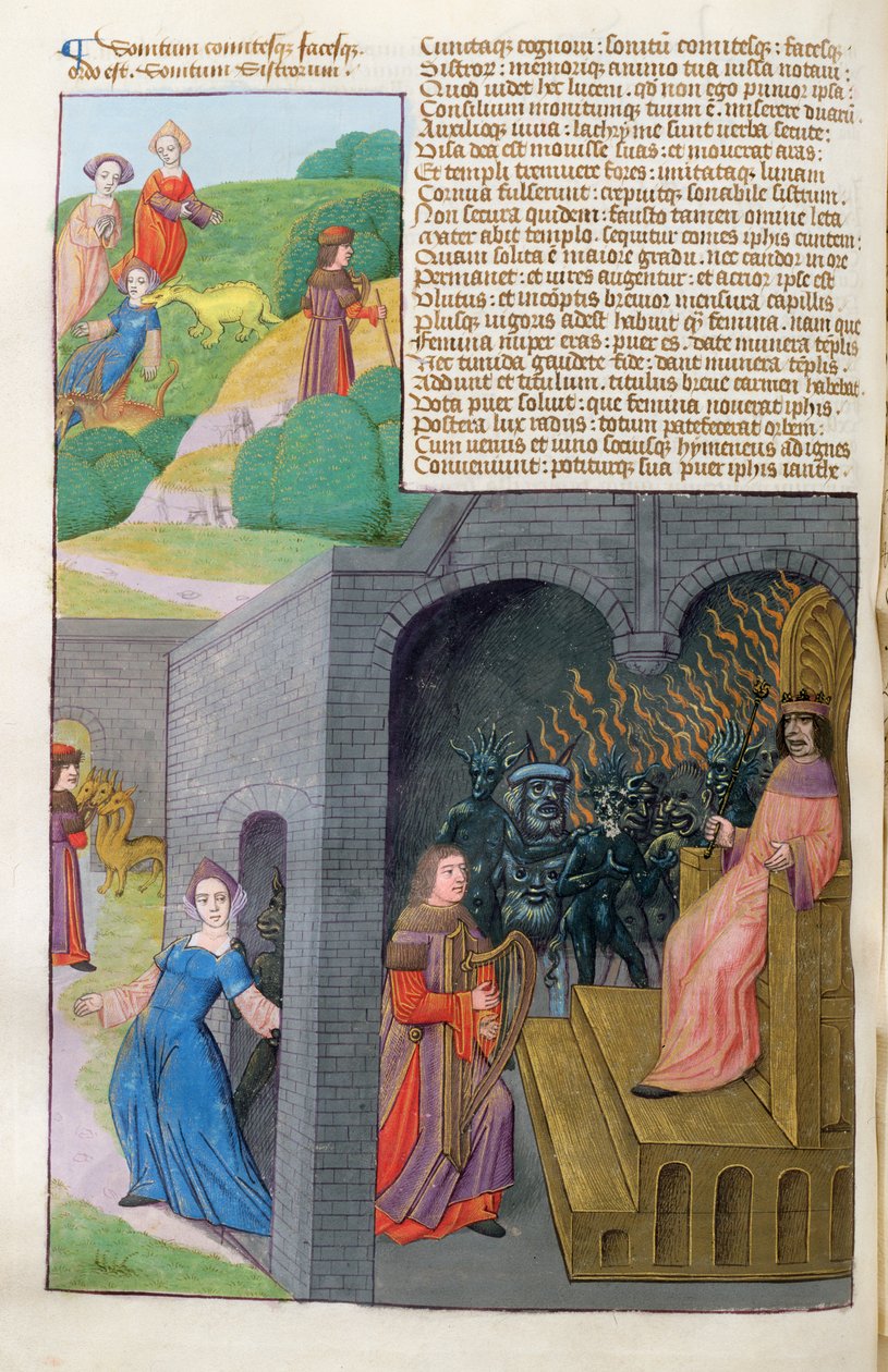 Orfeo y Eurídice, Cerbero y Plutón, de Metamorfosis 10 de Ovidio, 1479 de Netherlandish School