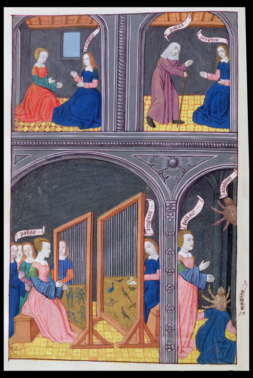 Arachne desafía a Pallas y se convierte en araña, de Metamorfosis 6 de Ovidio, 1479 de Netherlandish School