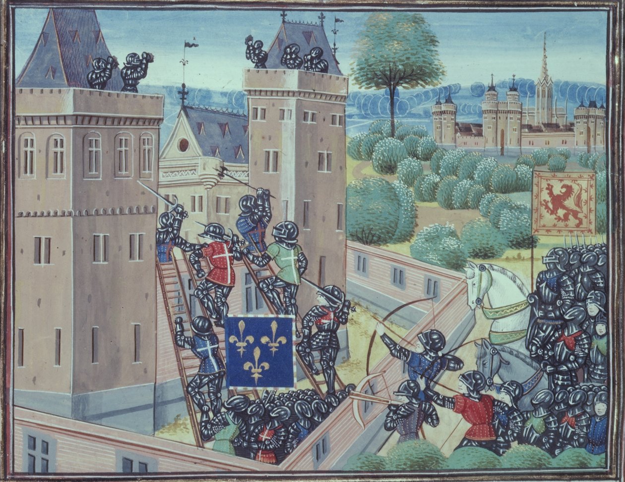 Royal 18 E.1 fol.345 La captura del castillo de Wark por los franceses y los escoceses, del Libro II de 