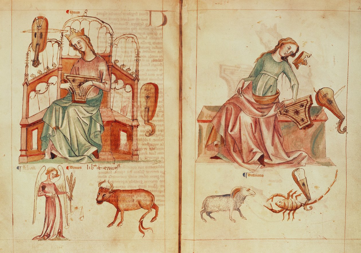 Sloane MS 3983 fol.42v-43 Venus tocando un instrumento con sus signos regentes y en detrimento, de 