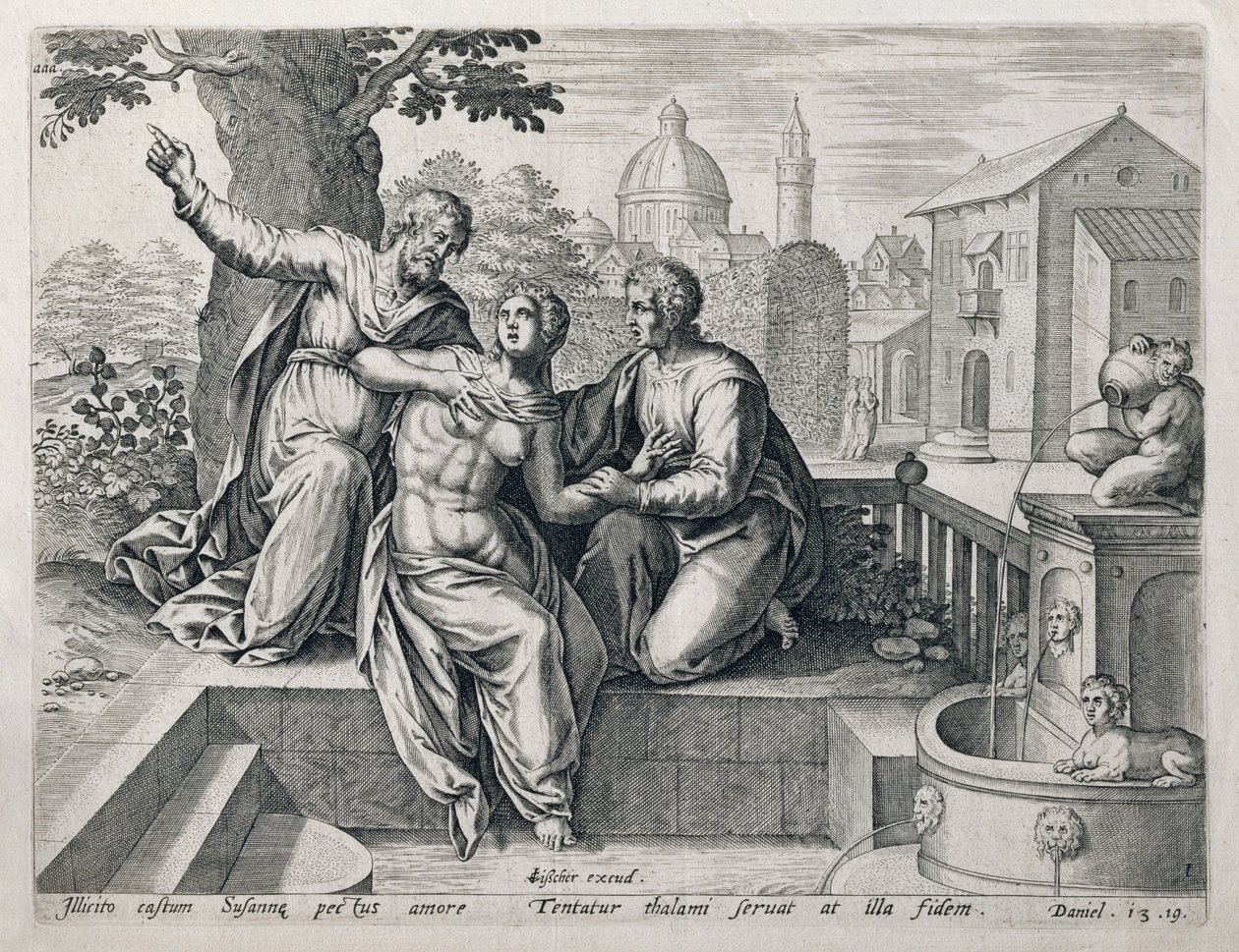 Susana y los ancianos, de una serie que ilustra escenas de La Biblia, pub. por Claes Jansz Visscher c.1590 de Netherlandish School