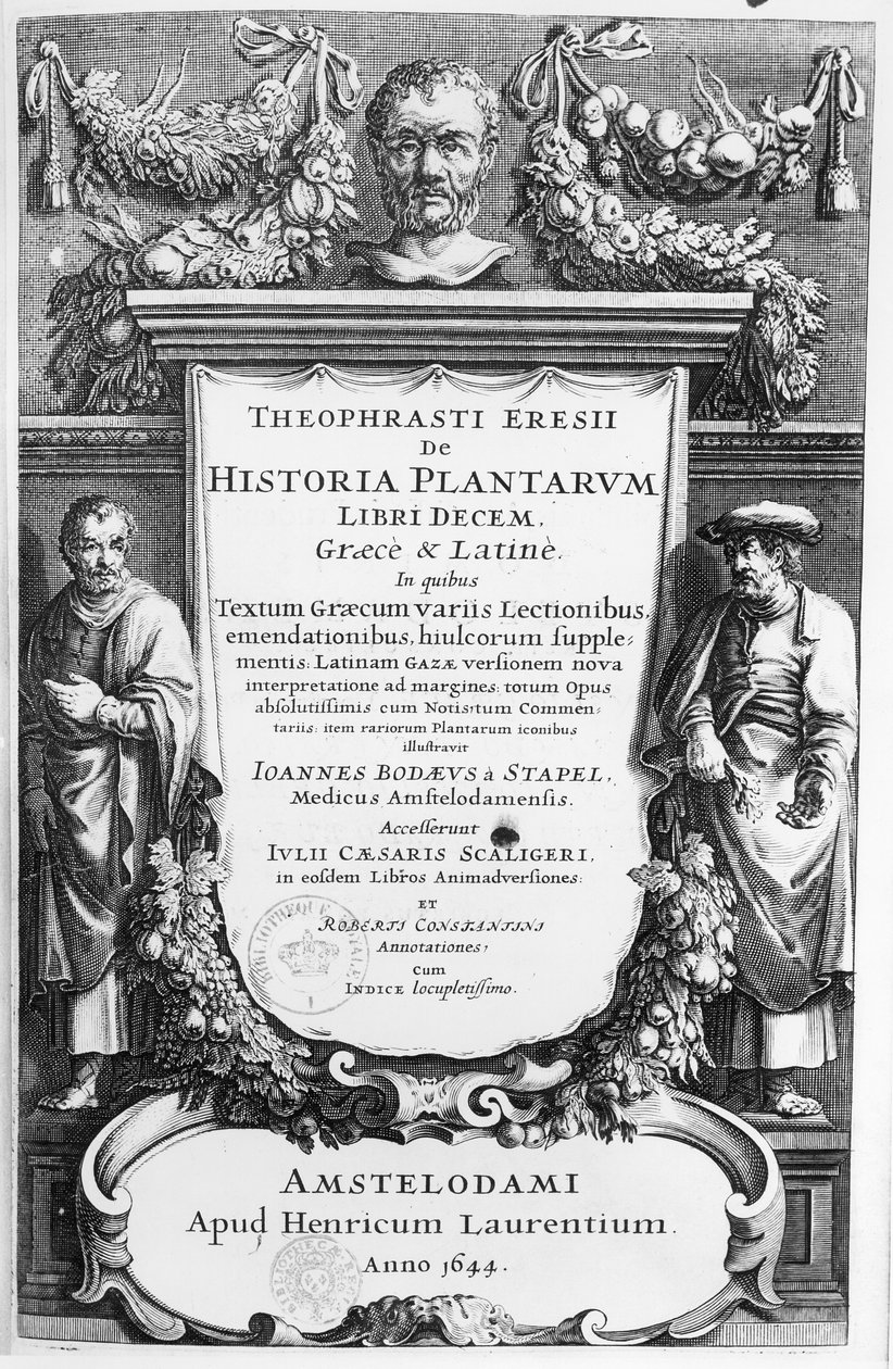 Portada de Historia Plantarum Libri Decem por Teofrasto (c.372-c.287 a.C.) publicada en Ámsterdam en 1644 de Netherlandish School
