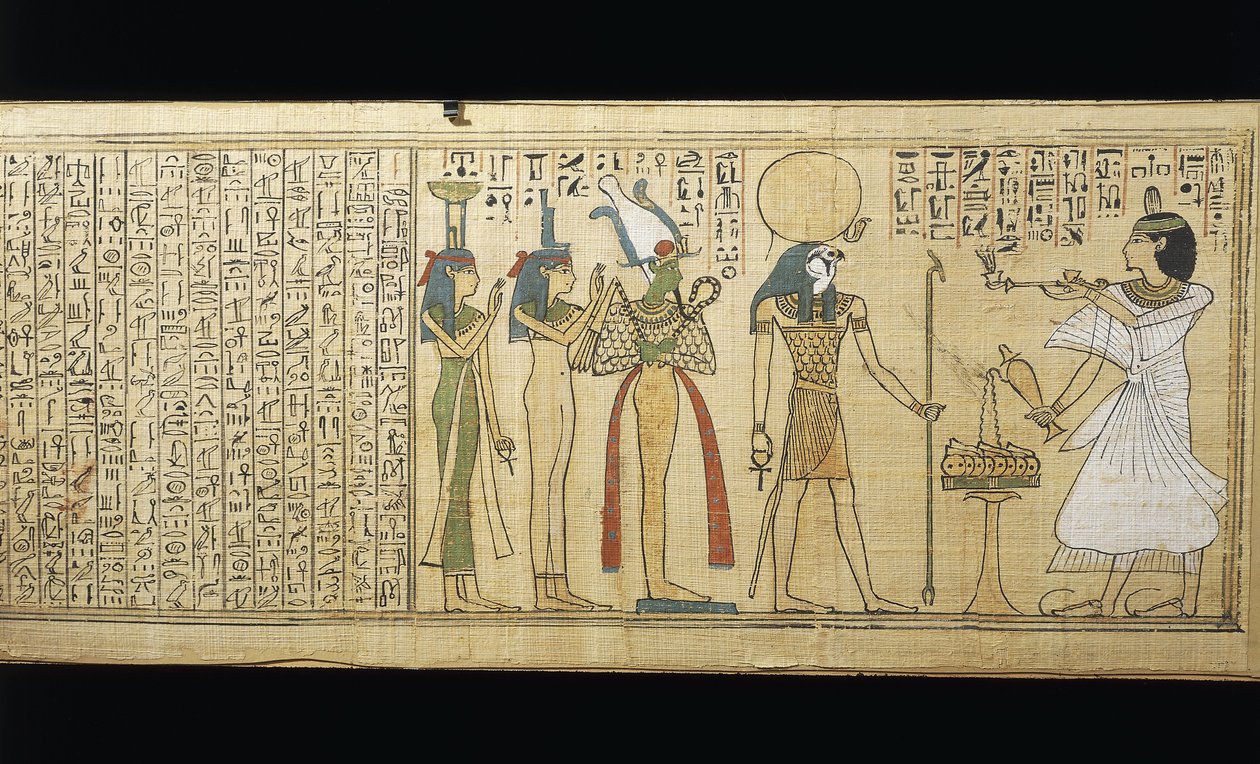 Papiro de Khonsumes, El Libro de los Muertos el difunto haciendo ofrendas a Osiris, Isis y Neftis, Tercer Periodo Intermedio de New Kingdom Egyptian