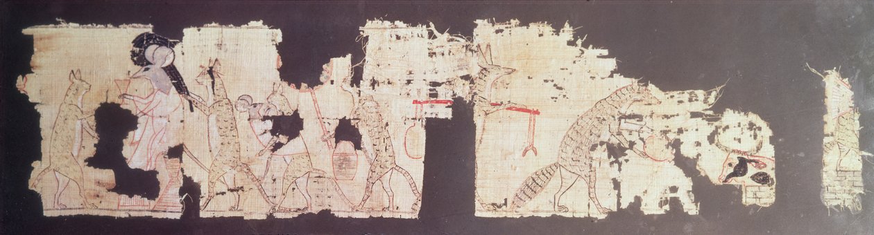 Papiro satírico que representa a un ratón siendo servido por gatos de New Kingdom Egyptian