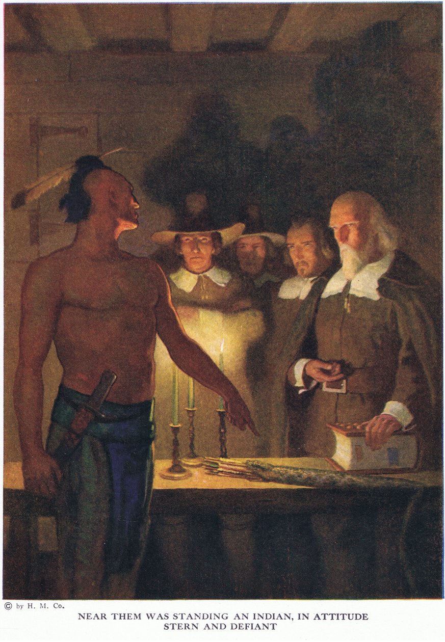 Cerca de ellos estaba un indio, en actitud severa y desafiante de Newell Convers Wyeth