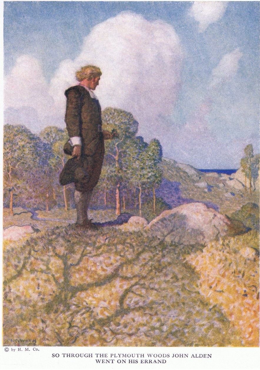 Así a través de los bosques de Plymouth fue John Alden en su misión de Newell Convers Wyeth
