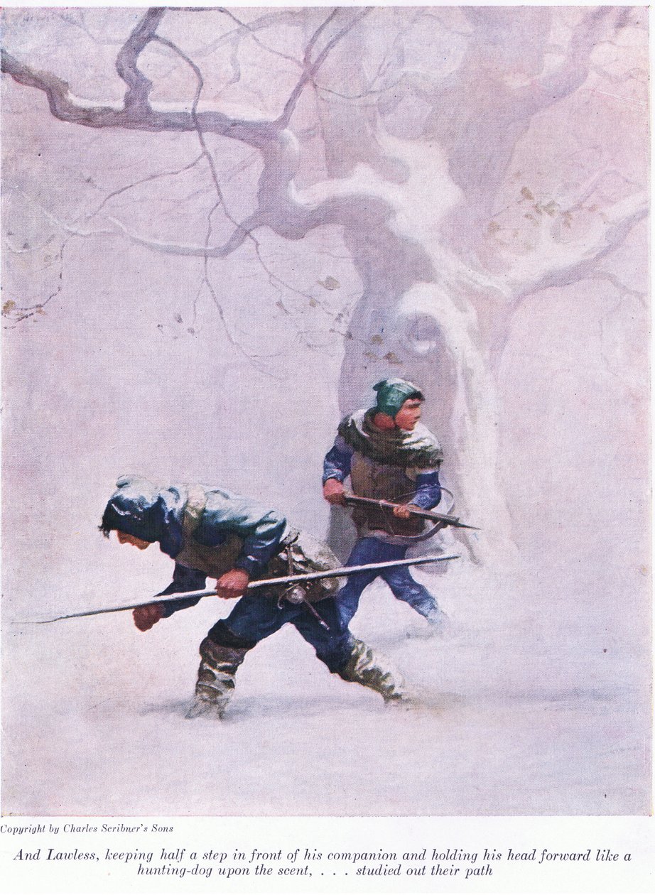 Y Lawless manteniéndose medio paso delante de su compañero y adelantando la cabeza como un perro de caza en el rastro - estudiaba su camino, 1916 de Newell Convers Wyeth