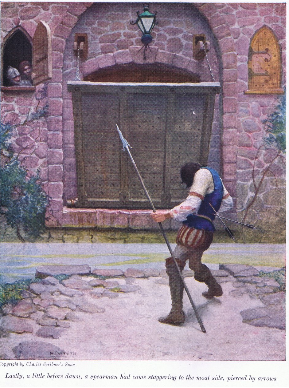 Finalmente, poco antes del amanecer, un lancero llegó tambaleándose al borde del foso, atravesado por flechas, 1916 de Newell Convers Wyeth
