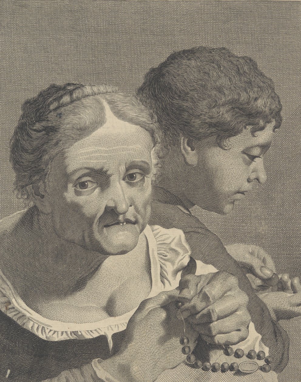 Copia inversa de una anciana con un rosario y un niño contando monedas, placa 10, ca. 1750-90 de Niccolò Cavalli