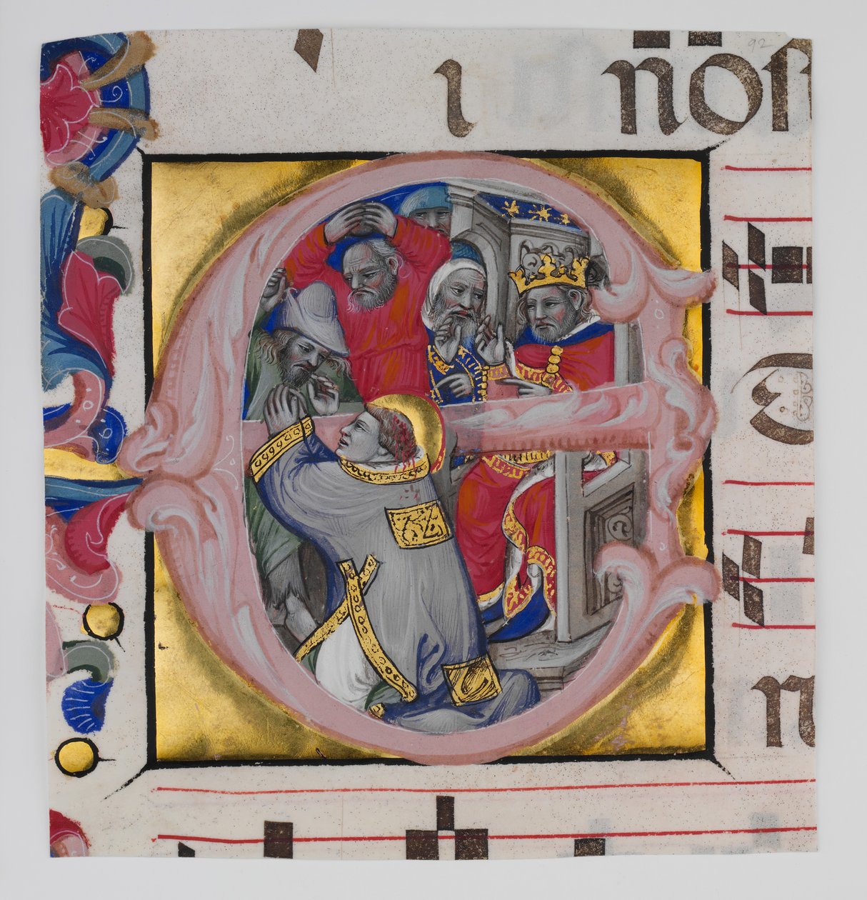 Iluminación de manuscrito con el martirio de San Esteban en una inicial E de Niccolò di Giacomo da Bologna