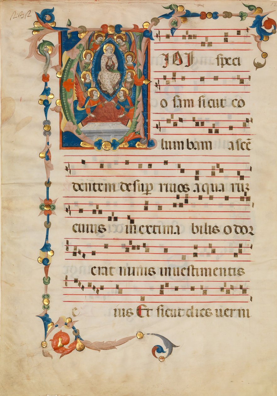 Hoja de manuscrito con la Asunción de la Virgen en una inicial V, de un antifonario, ca. 1340 de Niccolò di ser Sozzo