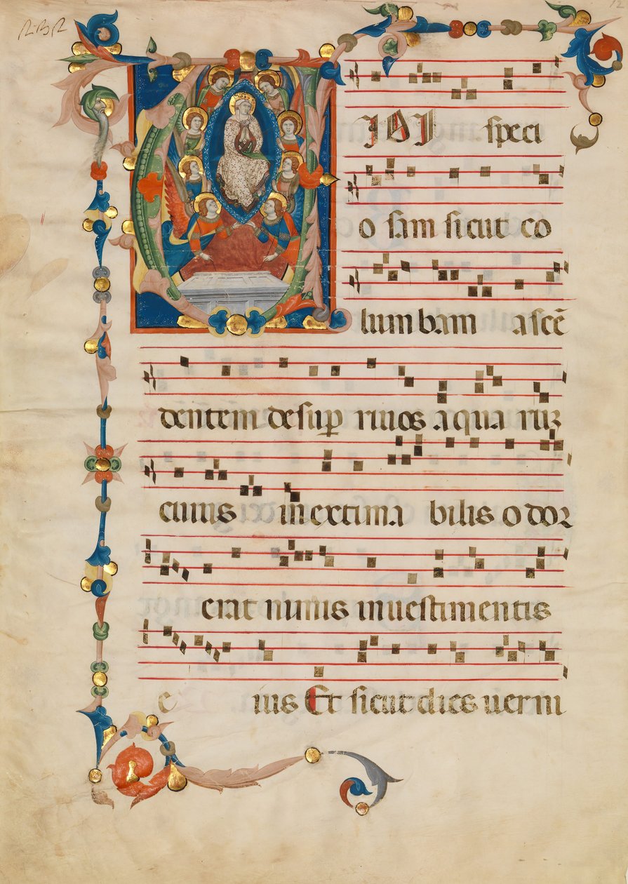 Hoja de manuscrito con la Asunción de la Virgen en una inicial V, de un antifonario, ca. 1340 de Niccolò di ser Sozzo