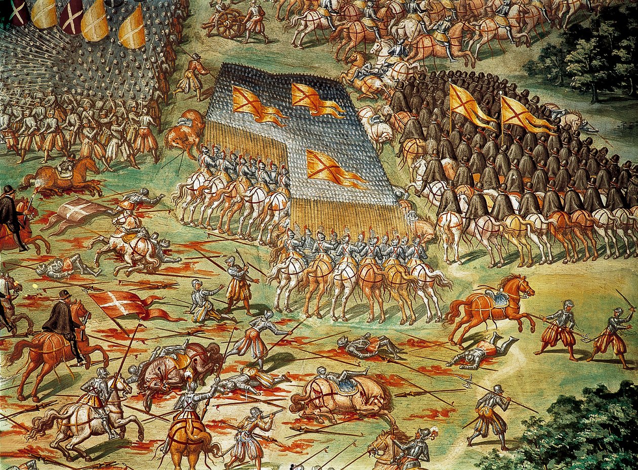 La Batalla de San Quintín, que vio la victoria de los españoles sobre los franceses en 1557, durante las Guerras Italianas (detalle) de Niccolo (and workshop) Granello