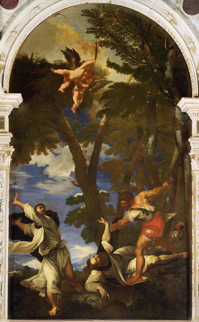 San Pedro Mártir Apuñalado por Asesinos a Sueldo (copia de la pintura de Tiziano perdida en el incendio de la Capilla del Rosario) de Niccolo Cassana