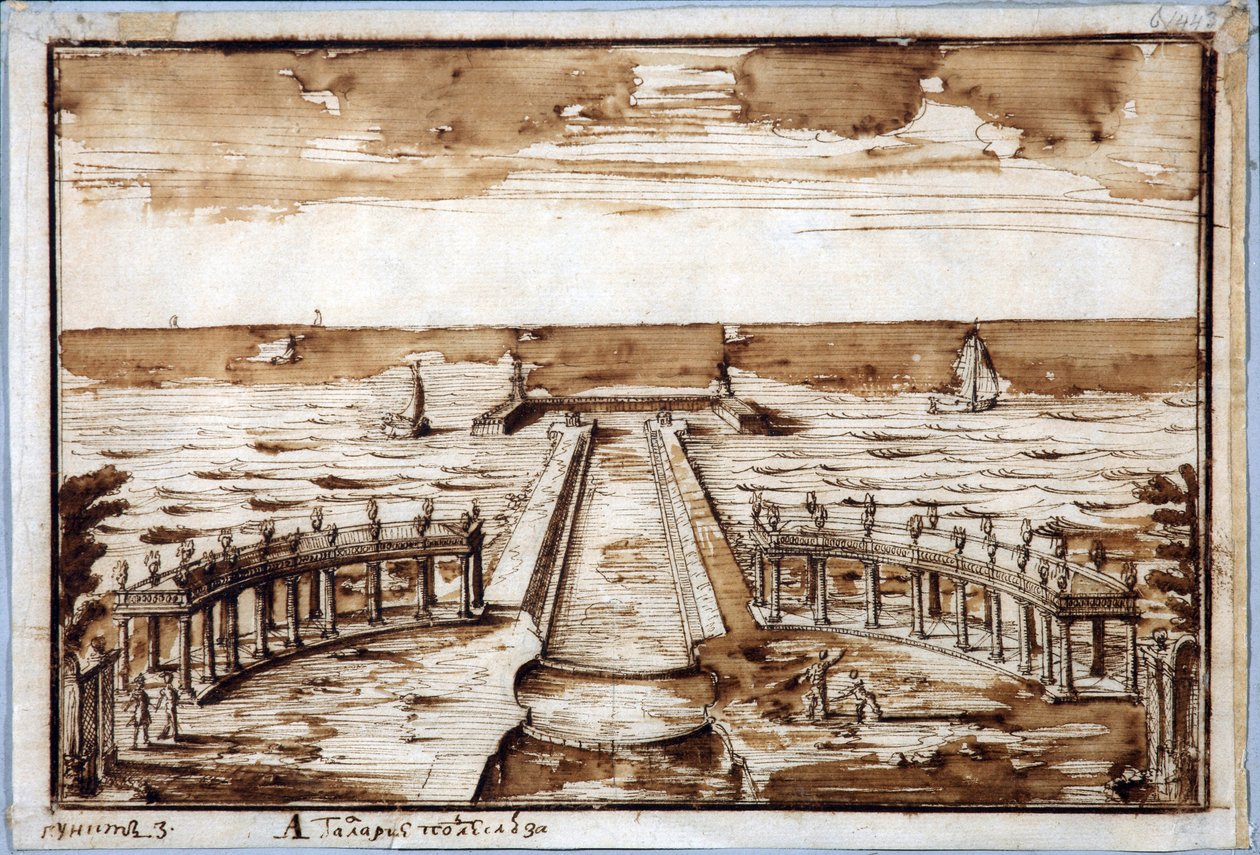 Columnata "Galería de curvas" en la puerta de entrada en Peterhof de Niccolo Michetti