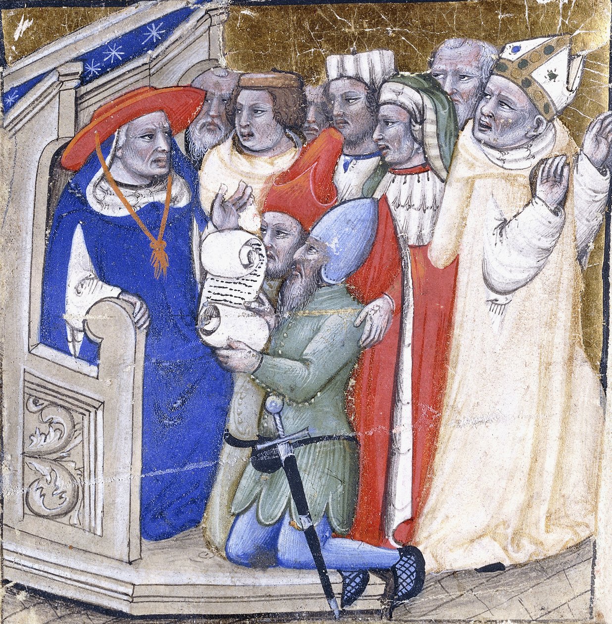 Un cardenal juzgando a un obispo, acusado por dos laicos, c.1380 (pintura y pan de oro sobre vitela) de Niccolo di Giacomo