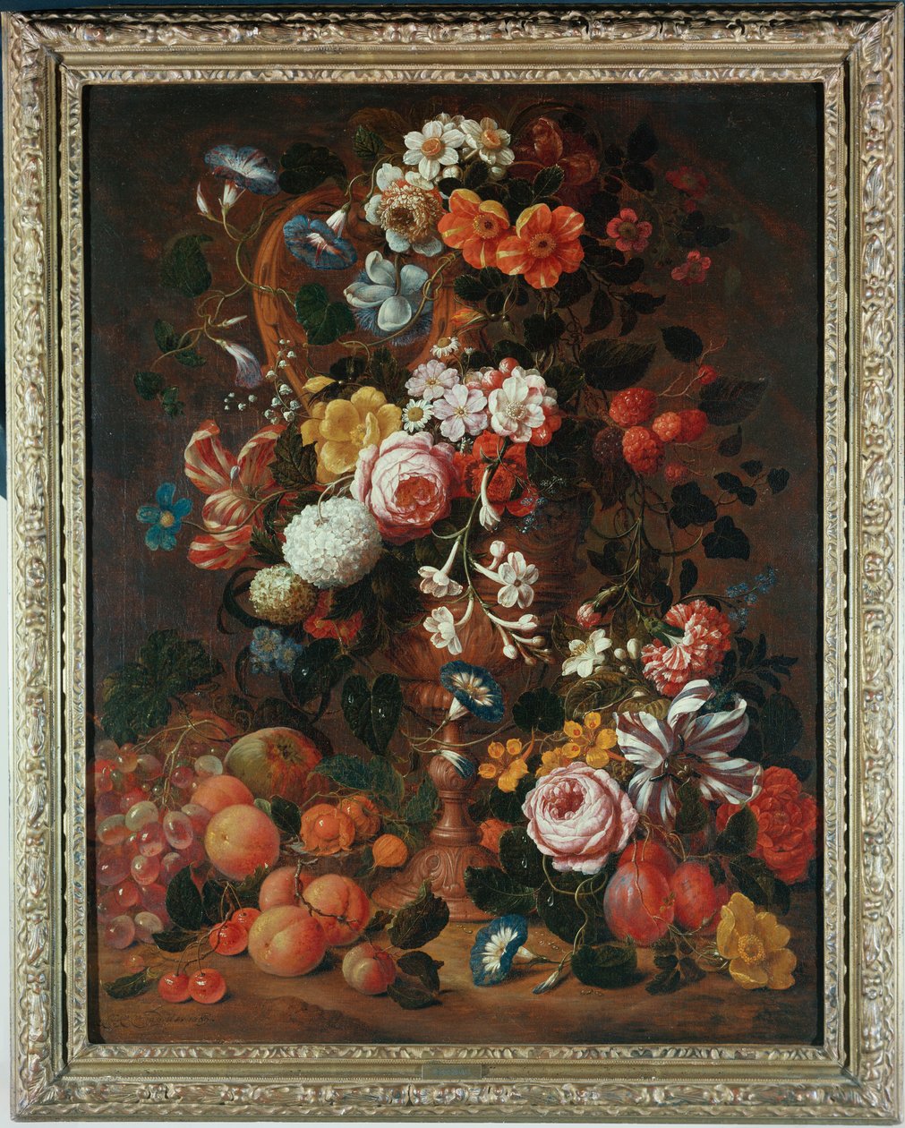 Rosas, dalias, convolvulus, un tulipán y otras flores, en una urna esculpida, con uvas, ciruelas y duraznos cerca de Nicholaes van Verendael
