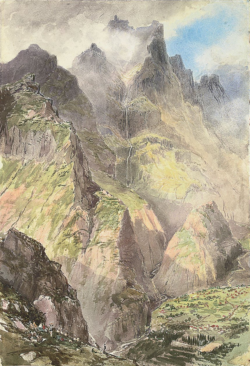 El Grande Curral, Madeira, con un grupo de turistas en primer plano, el Pico Grande más allá (acuarela sobre papel) de Nicholas Chevalier