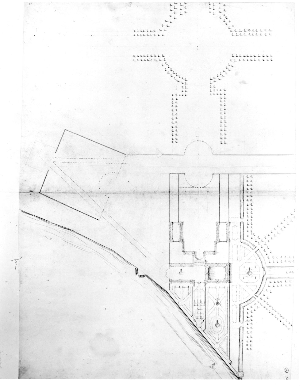 Plano del sitio del esquema I, Hampton Court, 1689 de Nicholas Hawksmoor