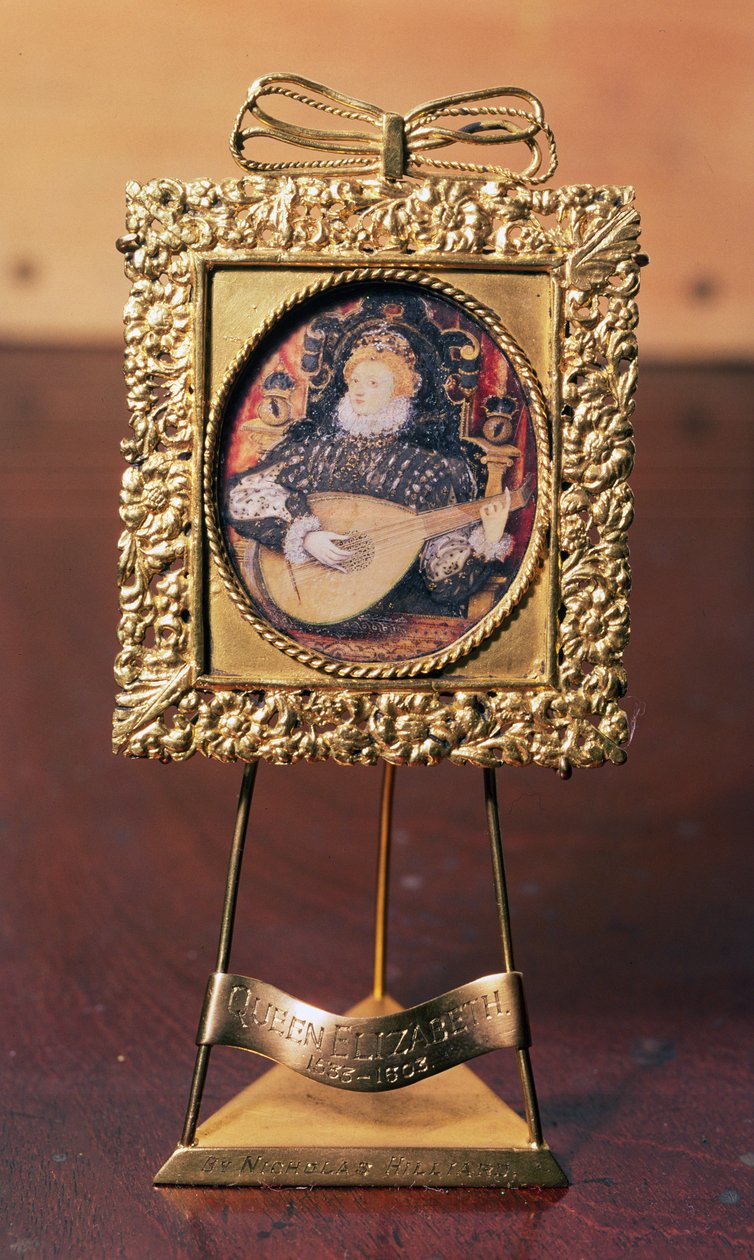 La Reina Isabel I tocando el laúd (miniatura con soporte de latón) de Nicholas Hilliard