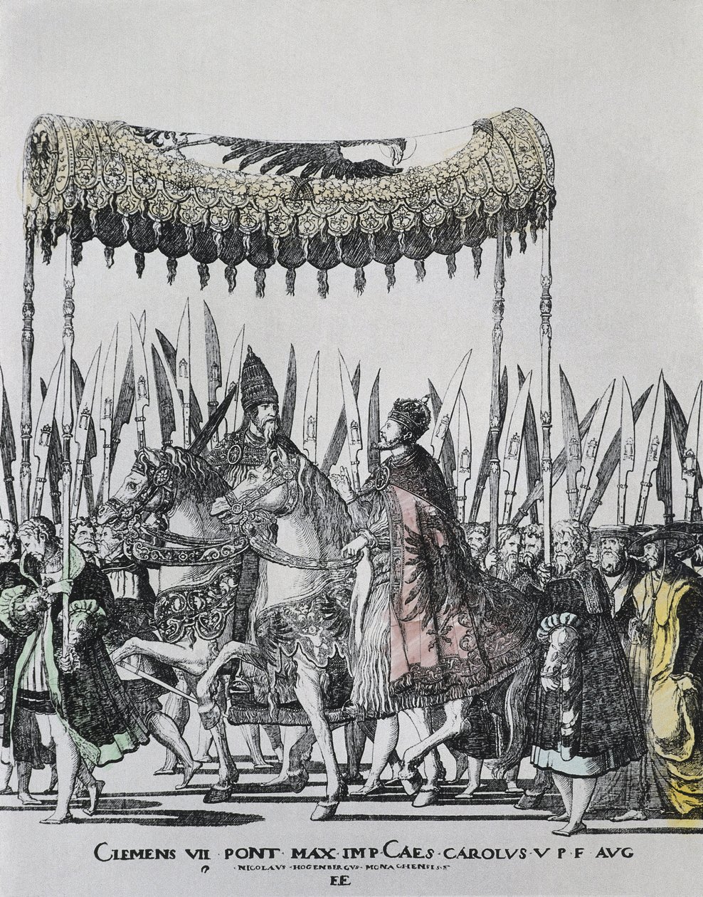 Hogenberg, Nicolas (1500-1539). La coronación de Carlos V en Bolonia. Carlos V (1500-1558). Emperador del Sacro Imperio Romano (1519-1556) y Rey de España (1516-1556), como Carlos I.; Clemente VII (1478-1534). Papa entre 1523 y 1534. Grabado de Nicholas Hogenberg