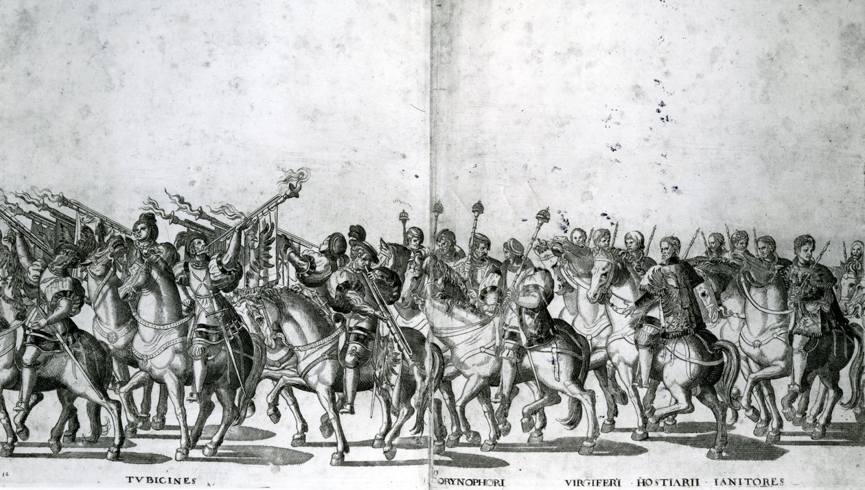Placas 12 y 13 de la entrada del Papa Clemente VII y el Emperador Carlos V en Bolonia el 24 de febrero de 1530 de Nicholas Hogenberg