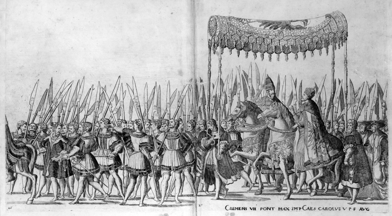 La entrada del Papa Clemente VII y el Emperador Carlos V en Bolonia el 24 de febrero de 1530, placa 27 de Nicholas Hogenberg