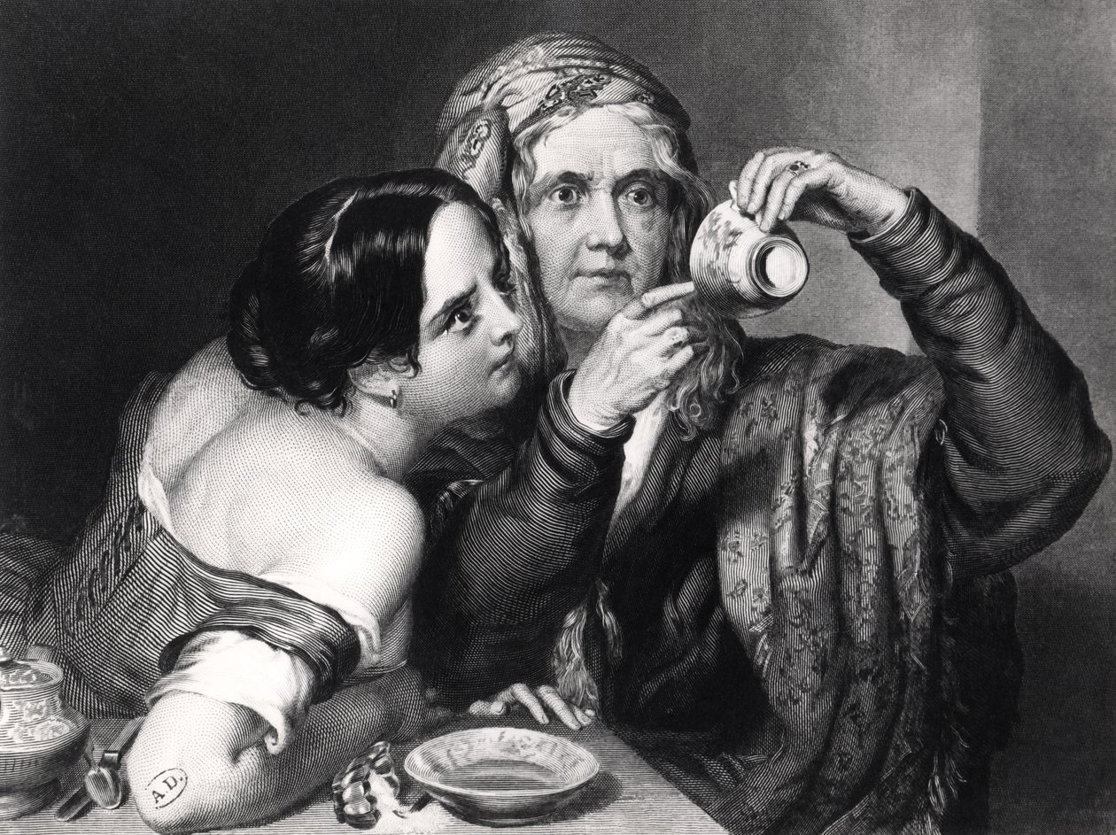 Prediciendo el futuro leyendo posos de café, grabado por Charles William Sharpe (1818-99) de Nicholas Joseph Crowley