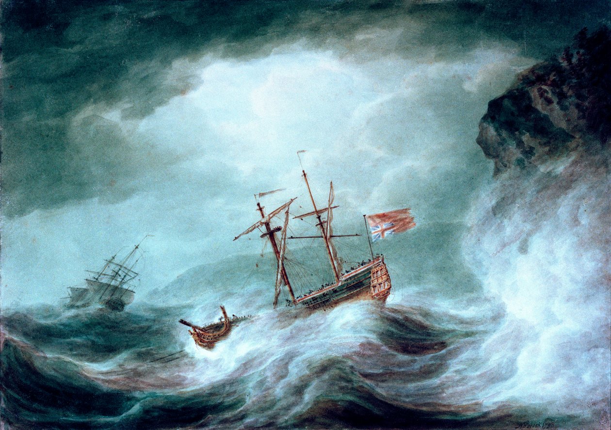 Una tormenta, con un barco anclado en peligro frente a una costa rocosa de Nicholas Pocock