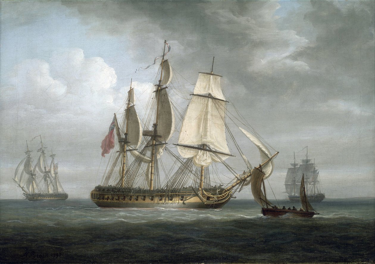 La fragata "Tritón", construida en Deptford (Inglaterra) en 1796, junto con otros buques. Óleo sobre lienzo de Nicholas Pocock