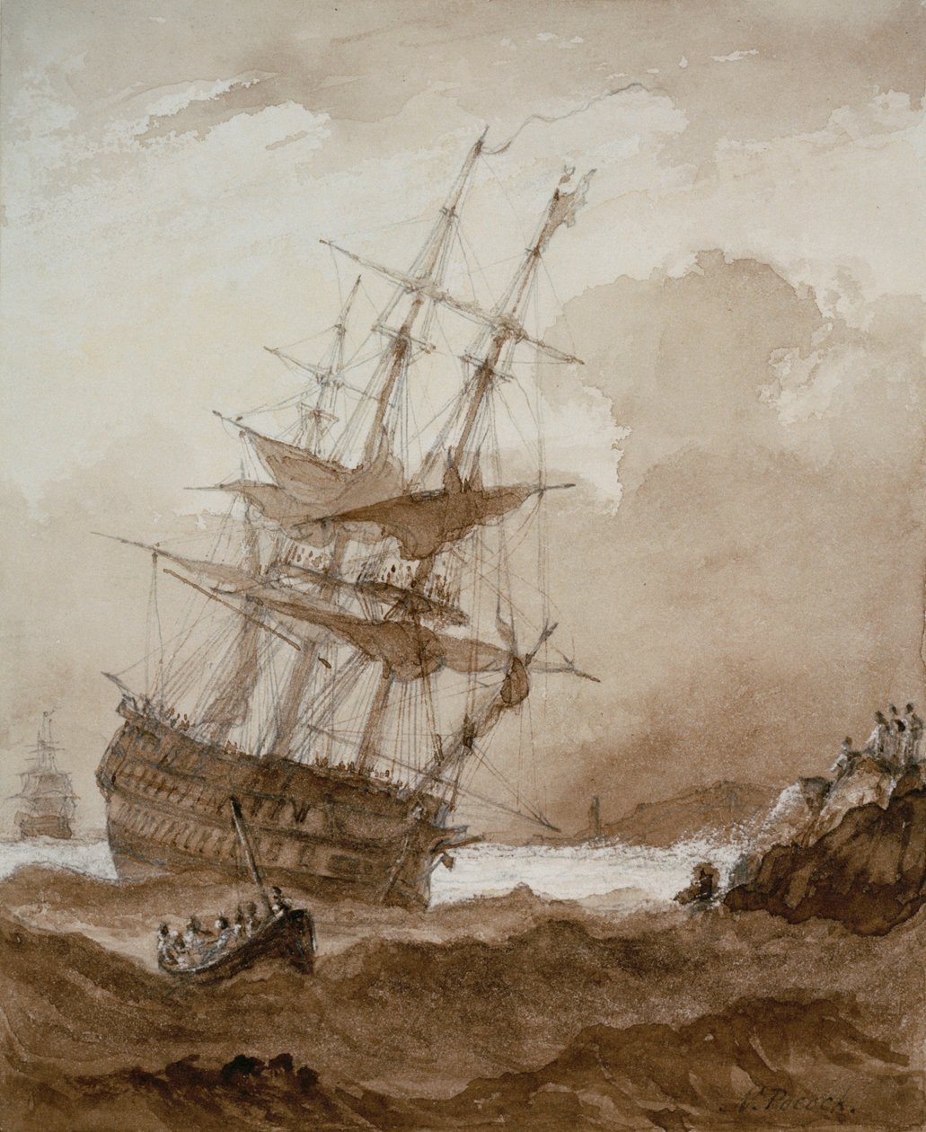 Barco de dos pisos en un vendaval frente a la costa, finales del siglo XVIII-principios del XIX (aguada marrón) de Nicholas Pocock