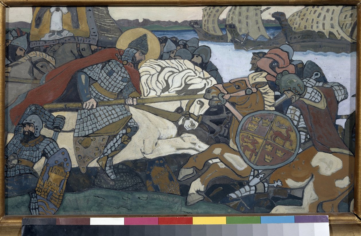 Alexander Nevsky (1220-1263) golpeando a Birger Jarl (1210-1266) (o Birger Magnusson de Bjalbo). Episodio de la Batalla del Neva (1240). Obra de Nicolas Roerich (1874-1947), gouache sobre cartón de Nicholas Roerich