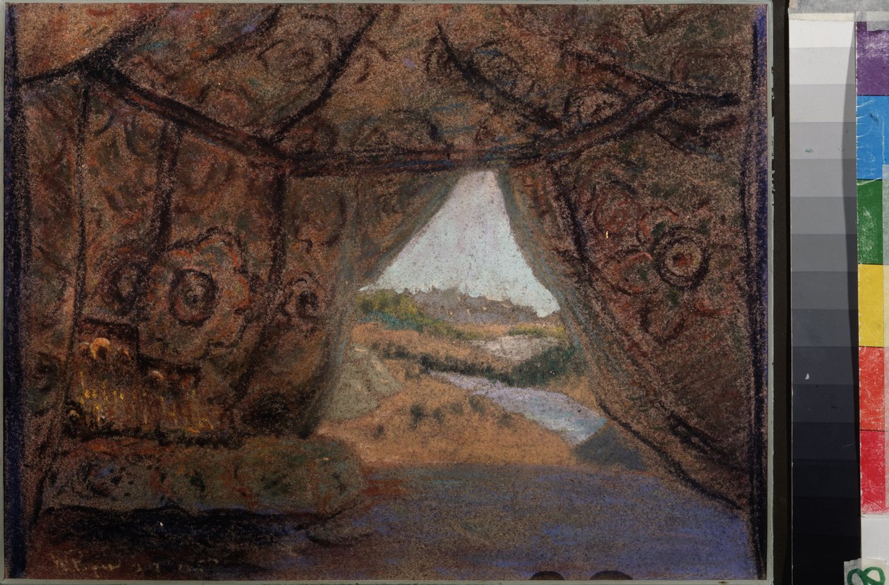 Conjunto preparatorio para la ópera La Pskovitaine (La doncella de Pskov) de Nicholas (Nikolai) Rimsky Korsakov (1844-1908). Obra de Nicholas Roerich (1874-1947), pastel sobre cartón de Nicholas Roerich