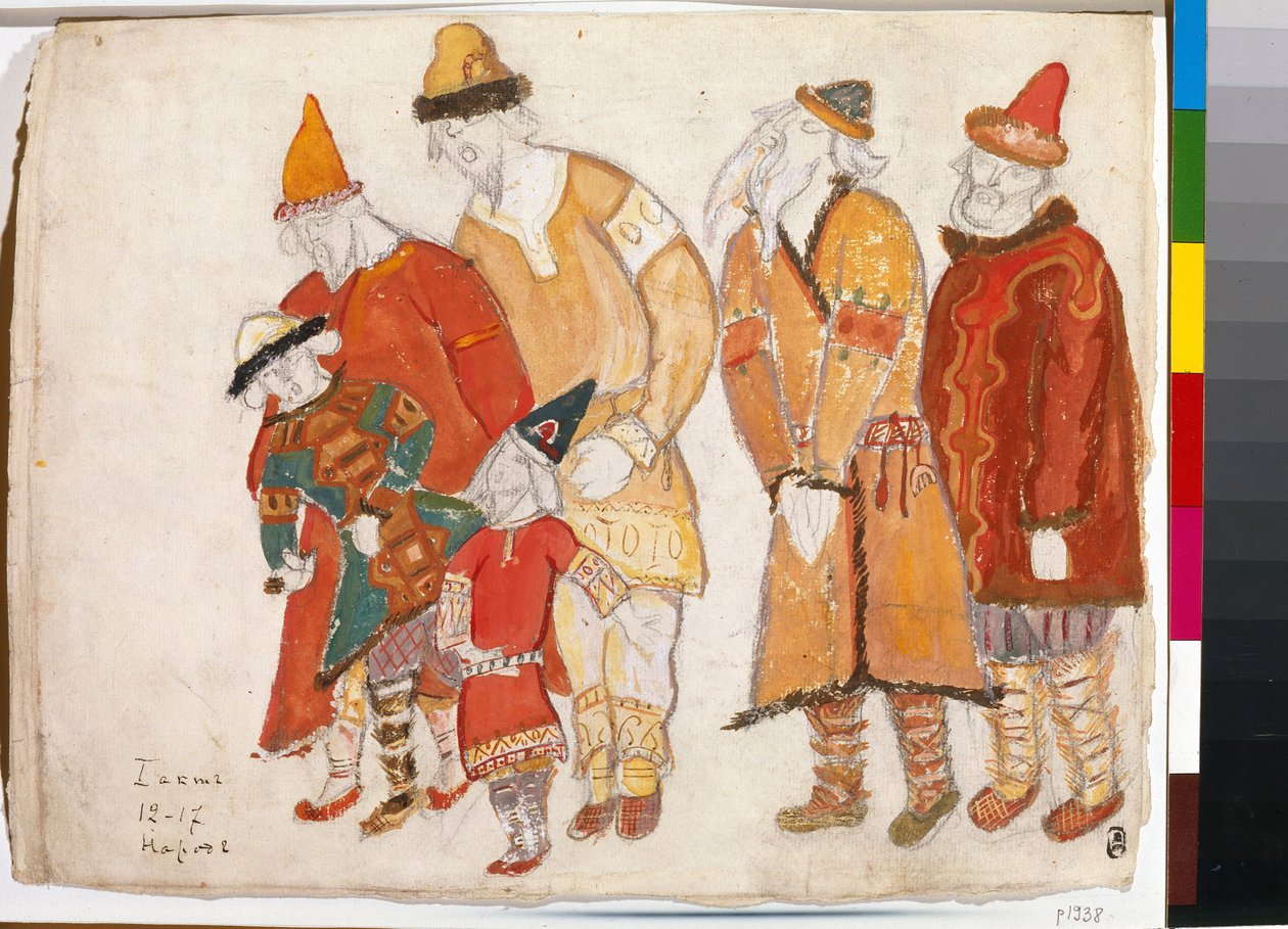 Gente de la gente. Vestuario para la ópera ""Prince Igor"" de Alexander Borodin (Borodin) (1833-1887). Obra de Nicolas (Nicholas) Roerich (1874-1947), acuarela y gouache sobre papel de Nicholas Roerich