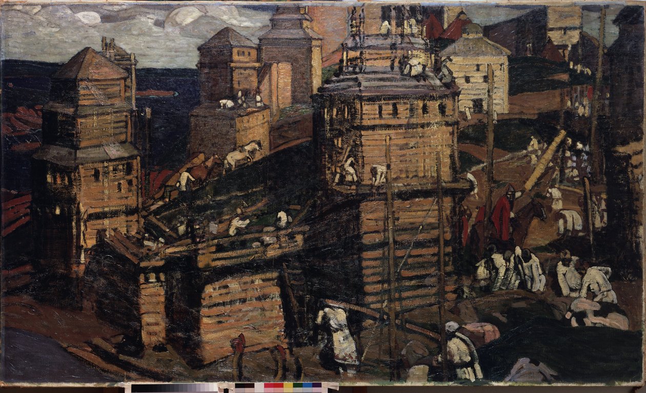 Construyendo una ciudad. (Construyendo un Pueblo). (para una comunidad rural en Ucrania). Pintura de Nicholas Roerich (1874-1947), óleo sobre lienzo de Nicholas Roerich