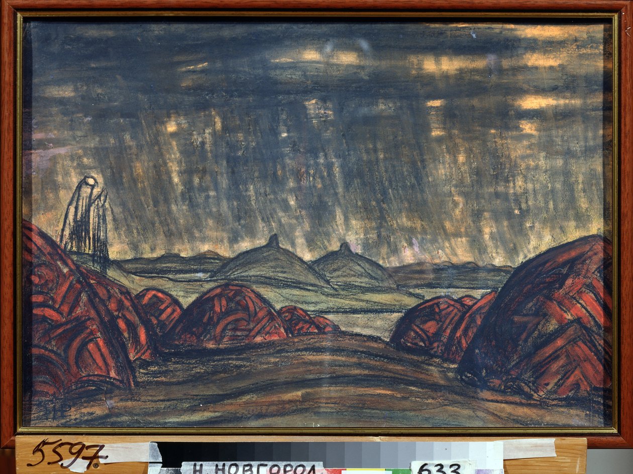 El campo de Polovtsien (o Couman, Kouman). Decoración preparatoria para la ópera Prince Igor de Alexandre Borodin (Borodin) (1833-1887). Obra de Nicholas Roerich (1874-1947), pastel sobre cartón de Nicholas Roerich