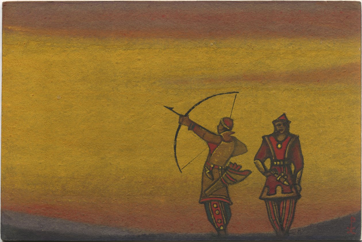 Polovtsianos, uno con un arco, diseño de vestuario para "Danzas polovtsianas" de la ópera "Príncipe Igor" de Borodin, 1943 de Nicholas Roerich