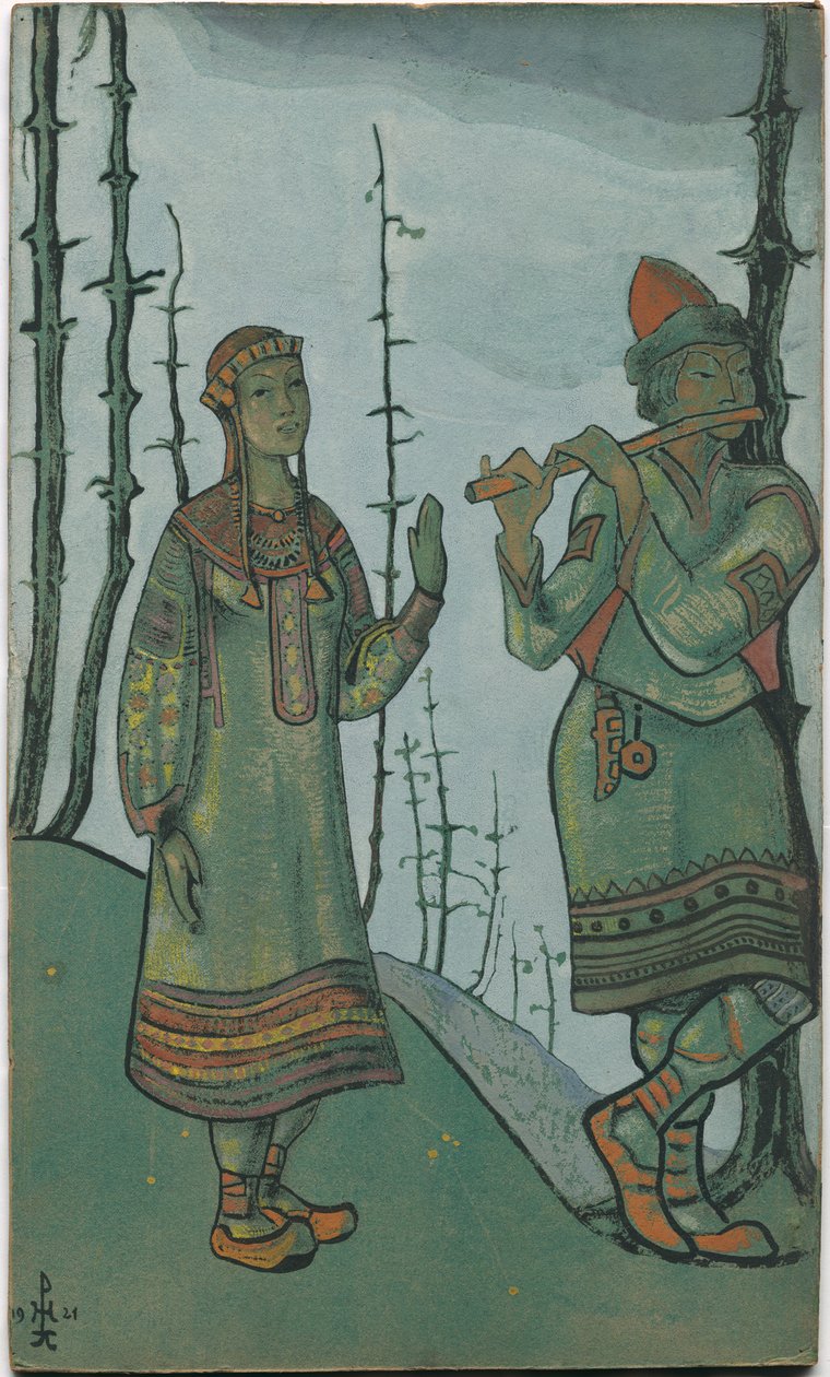 Snegurochka y Lel, diseño de vestuario para la ópera de Rimsky-Korsakov "Snegurochka", 1921 de Nicholas Roerich