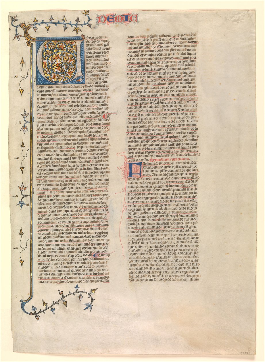 Inicial V del comentario de Nehemías, una de seis hojas ilustradas de Nicholas of Lyra