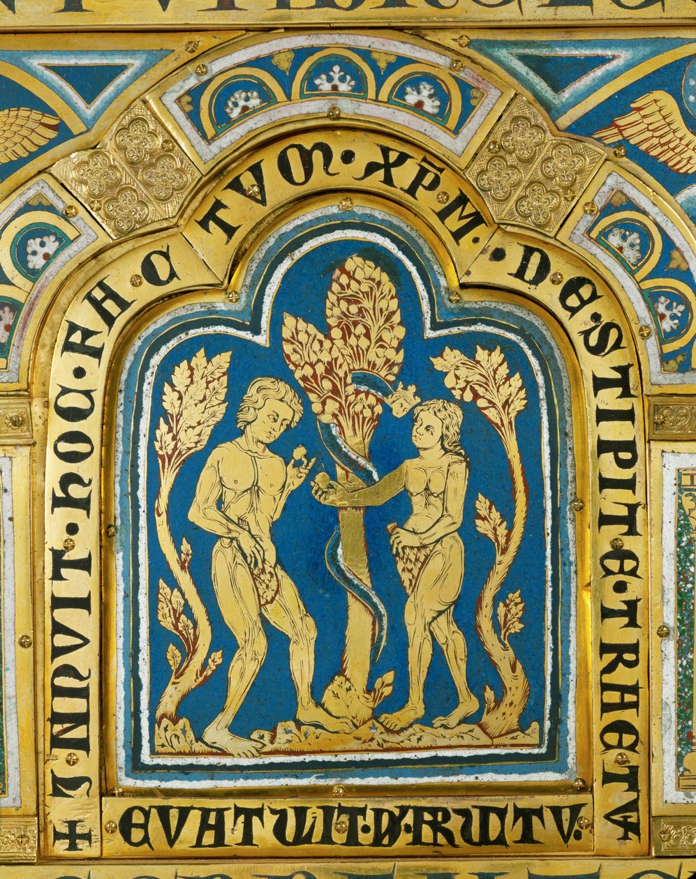 Eva le da la manzana a Adán ... (esmalte sobre cobre dorado) de Nicholas of Verdun