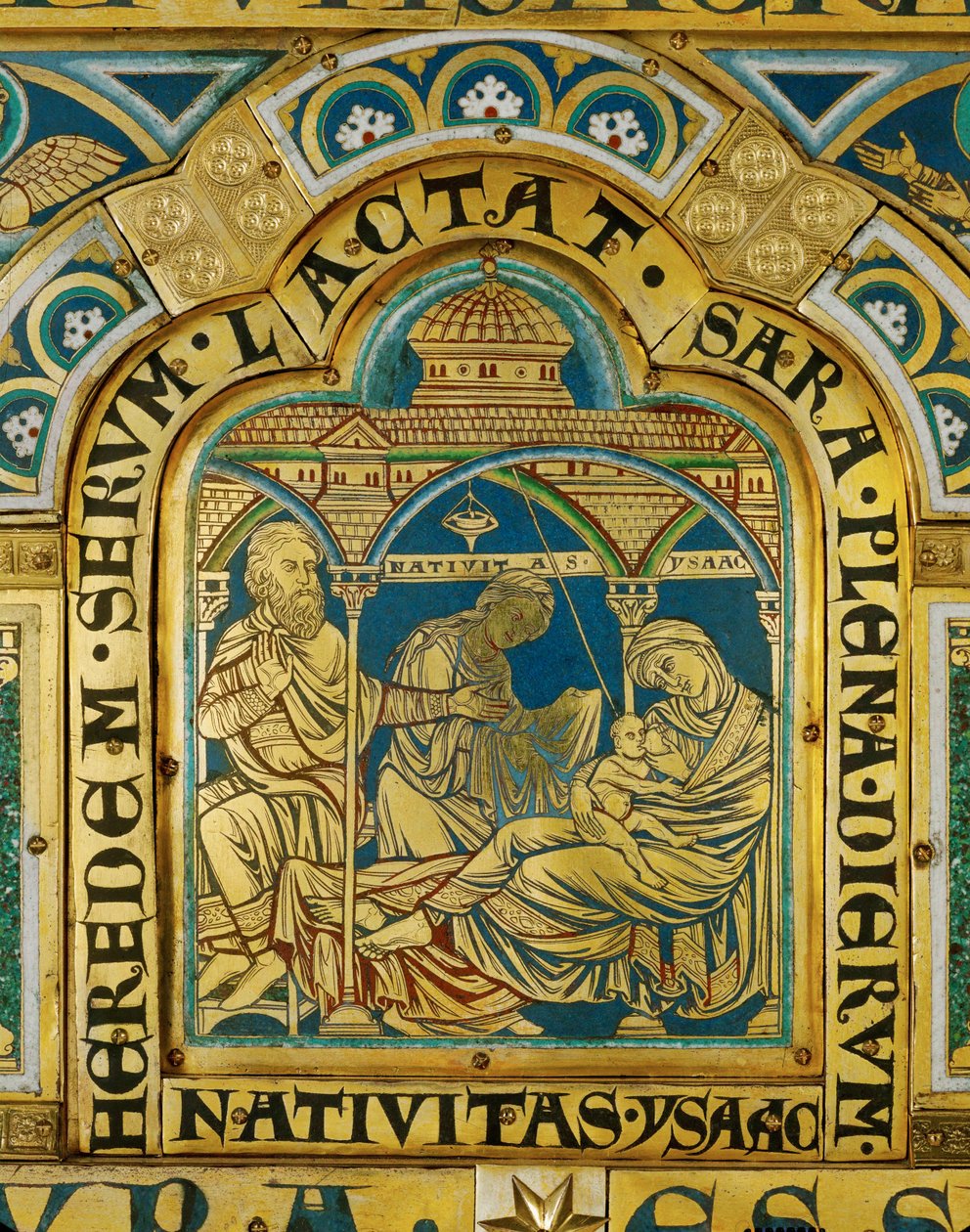 Isaac nace de Abraham y Sara (técnica champsleve, esmalte sobre cobre dorado) de Nicholas of Verdun