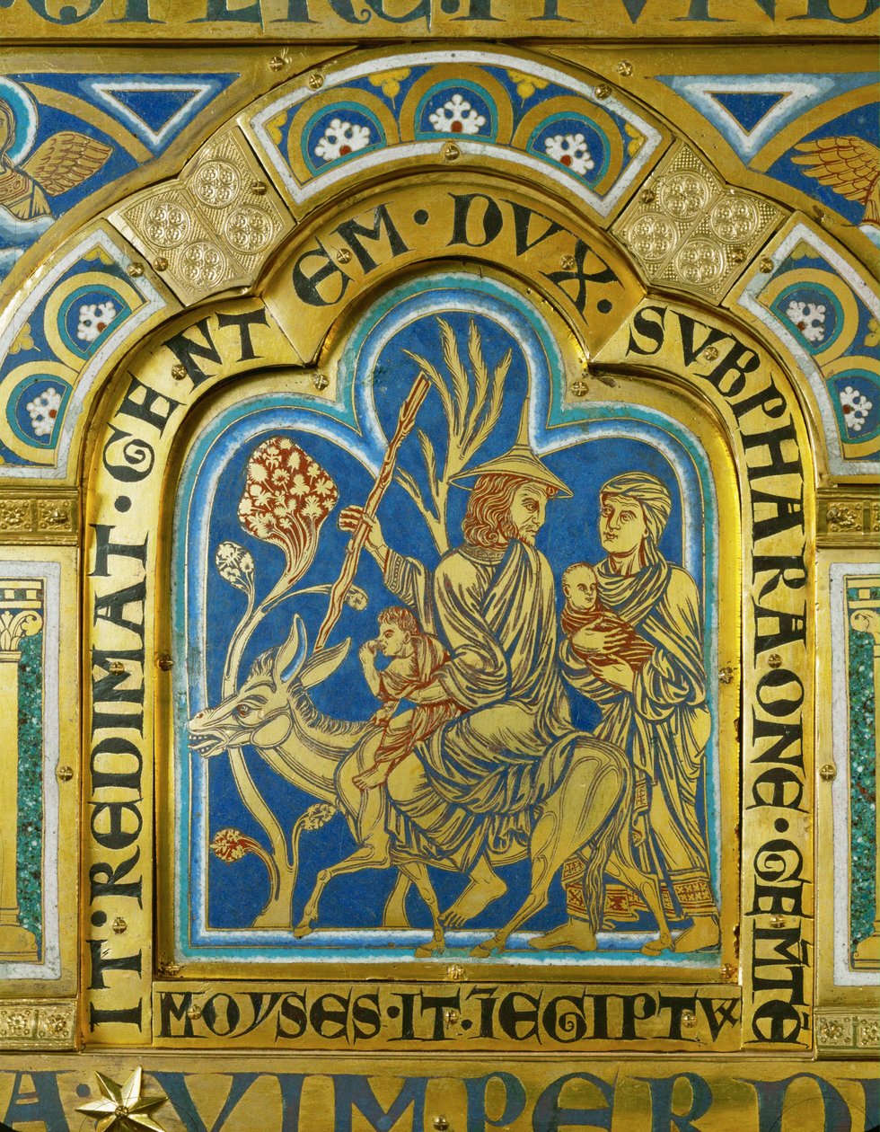 Moisés regresa a Egipto con su esposa Séfora y sus dos hijos ... (esmalte sobre cobre dorado) de Nicholas of Verdun