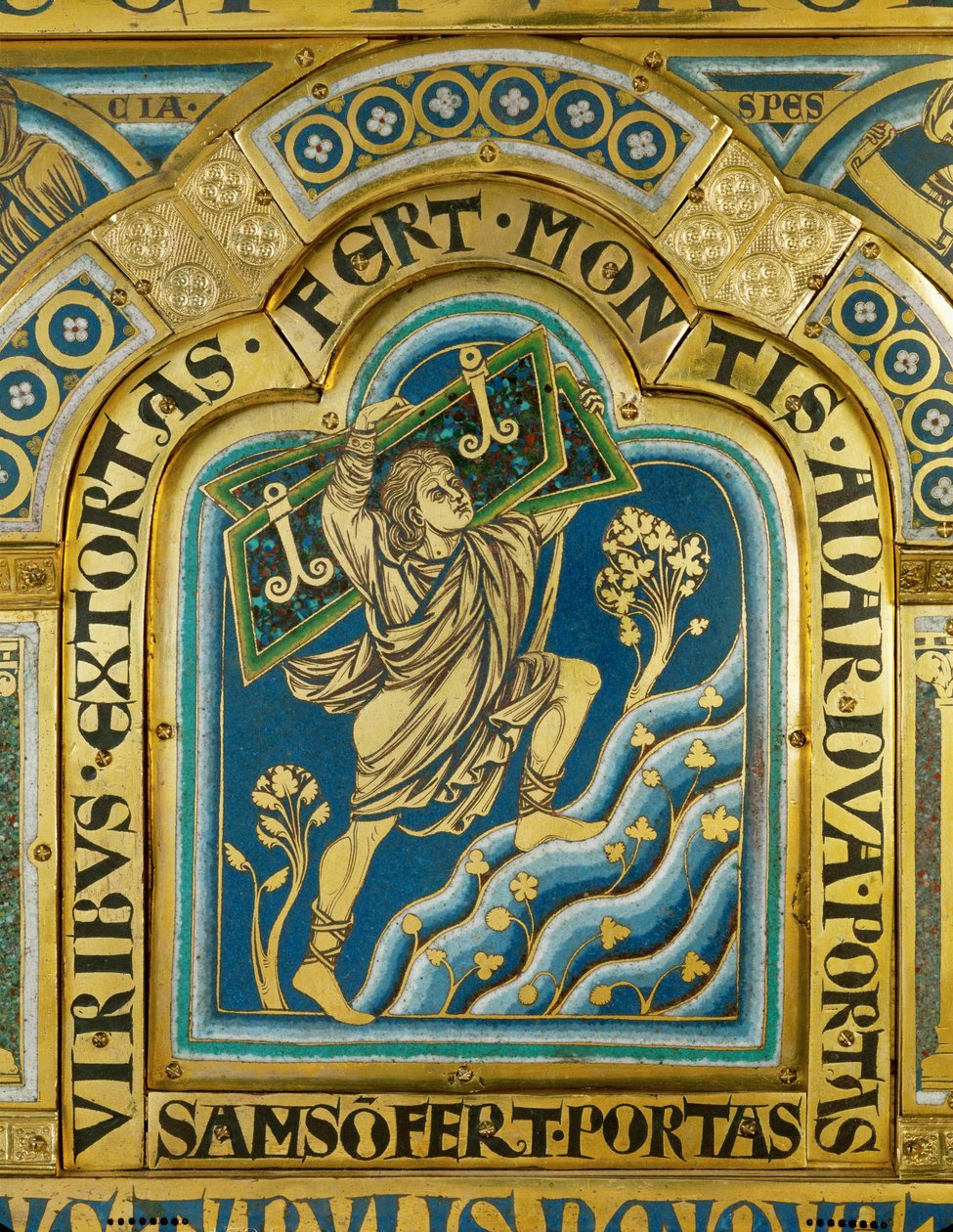 Sansón derriba las puertas de Gaza, Altar de Verdún ... (esmalte sobre cobre dorado) de Nicholas of Verdun