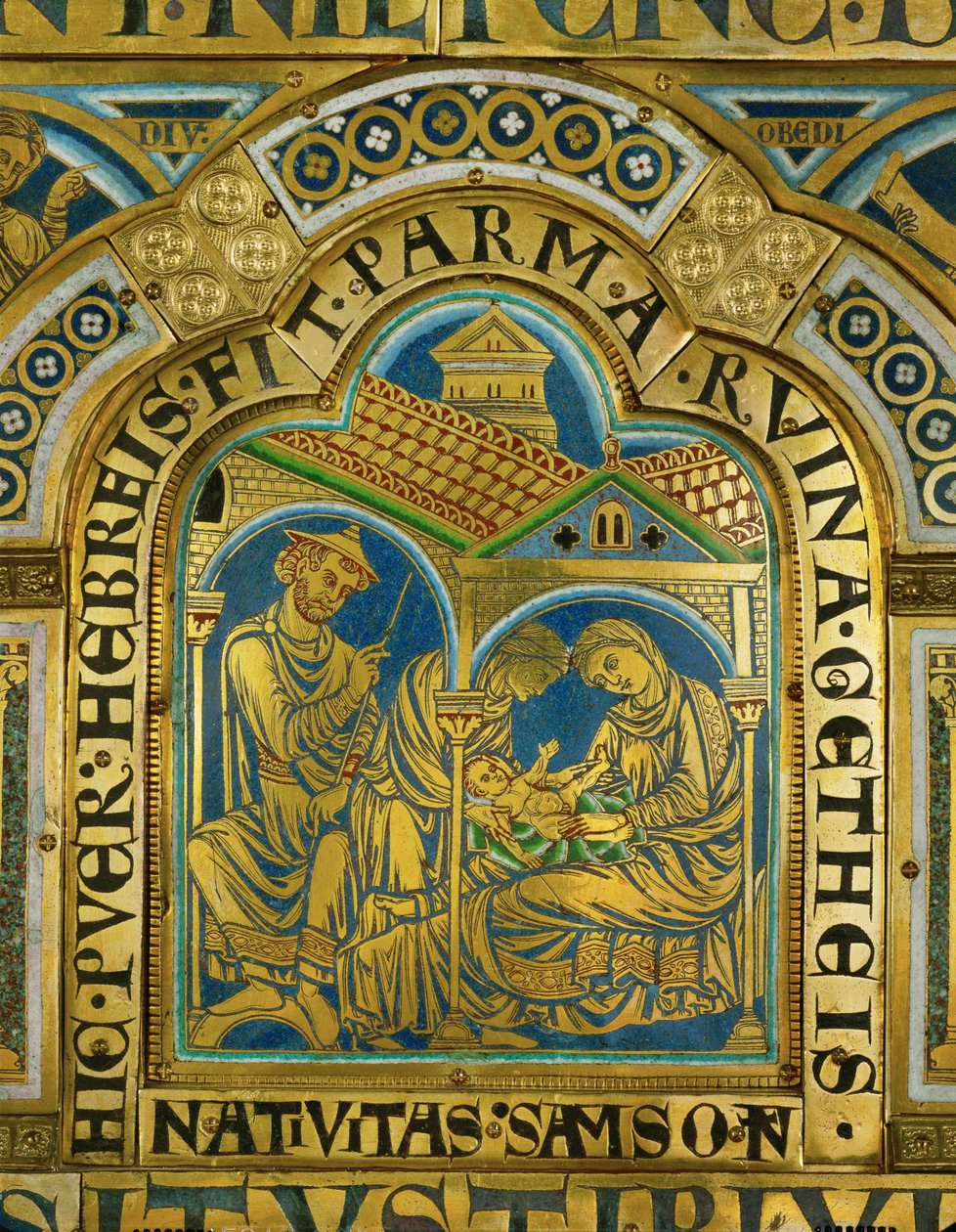 El nacimiento de Sansón, Manoa con sombrero de judío medieval ... (esmalte sobre cobre dorado) de Nicholas of Verdun