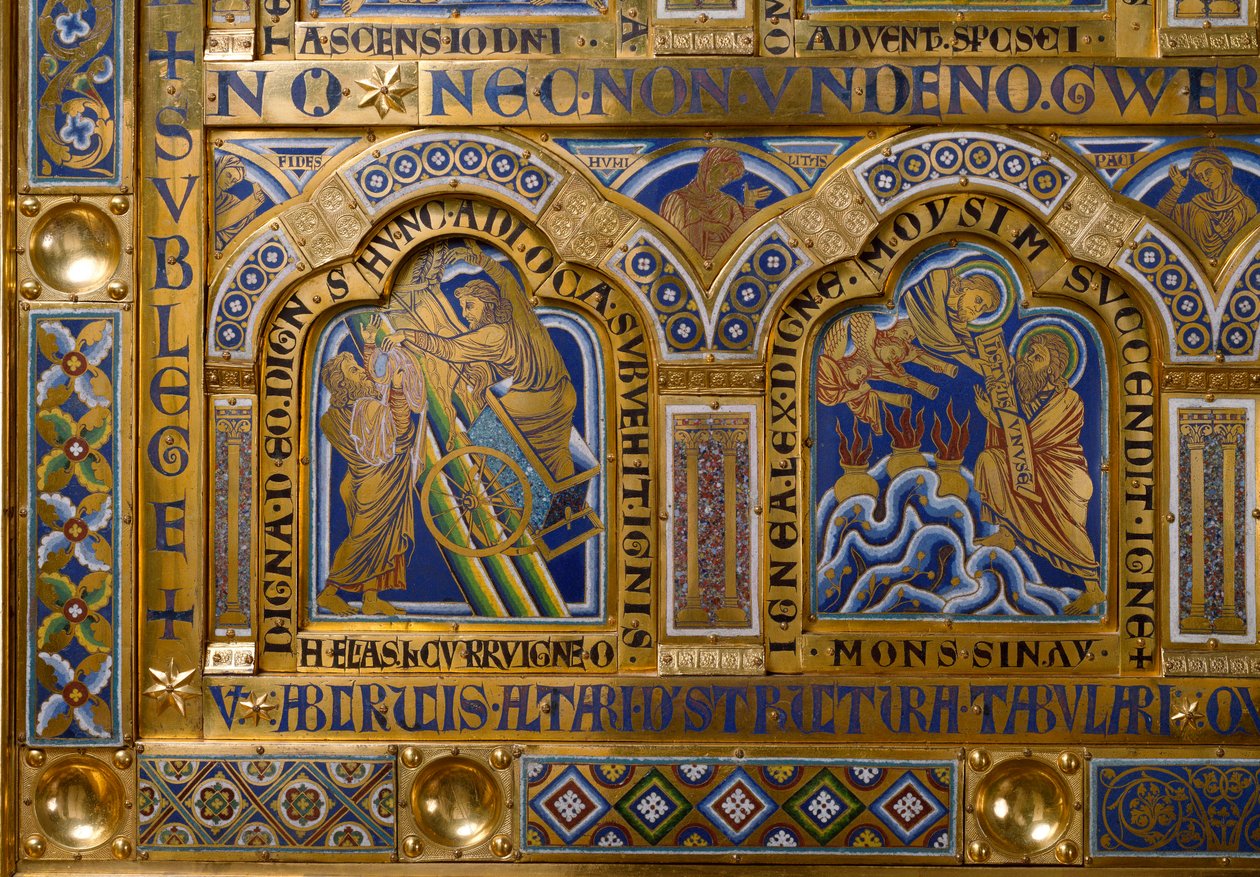 Altar de Verdún hecho en oro y esmalte por Nicolás de Verdún (ca.1130/50-1205): escenas del Antiguo y Nuevo Testamento: detalle que representa la Ascensión de Elías y Moisés recibiendo las Tablas de la Ley. Siglo XII Klosterneuburg Viena, Austria de Nicholas of Verdun