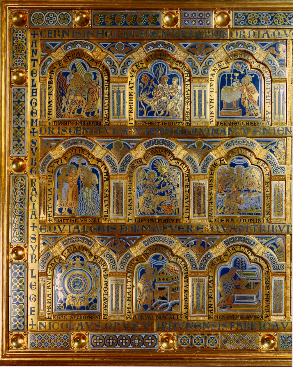 El Altar de Verdun hecho en oro y esmalte por Nicolas de Verdun (ca.1130/50-1205): escenas del Antiguo y Nuevo Testamento (cruzando el Mar Rojo, Rey Melquisedec, el bautismo de Cristo, t de Nicholas of Verdun