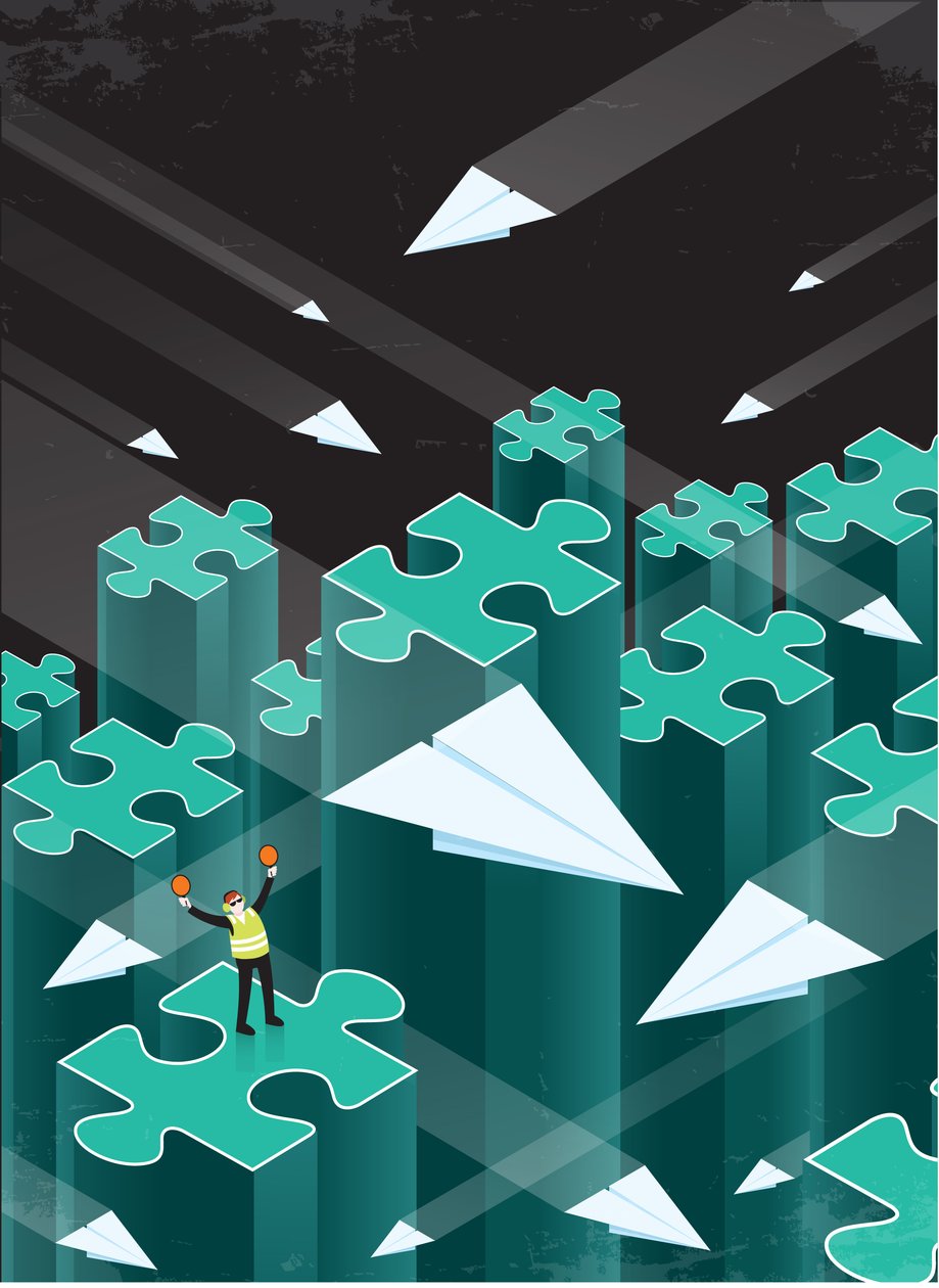 Hombre dirigiendo aviones de papel, 2016 (digital) de Nick Diggory