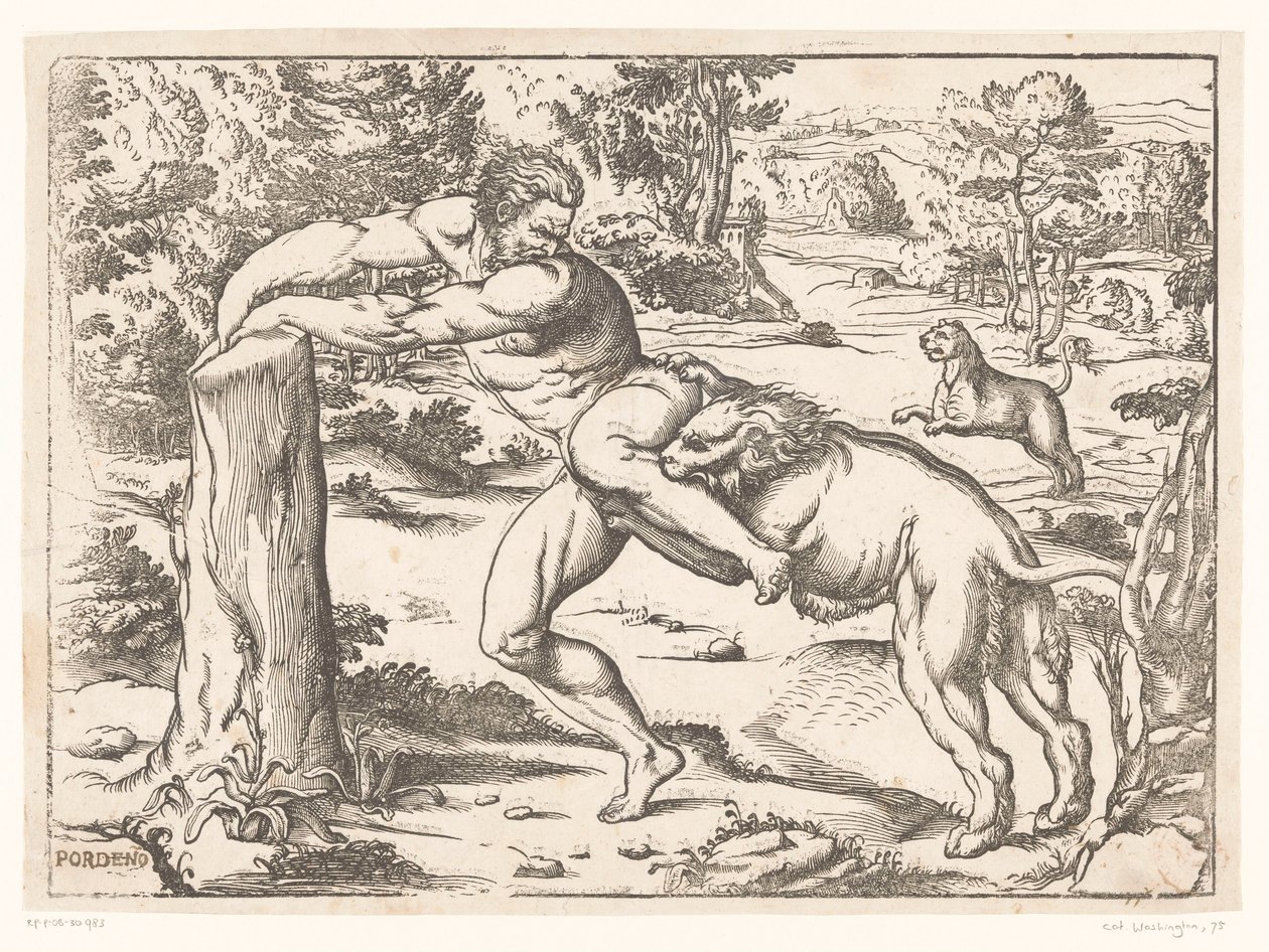 Milón de Crotona atacado por un león de Nicolò Boldrini (attributed to)