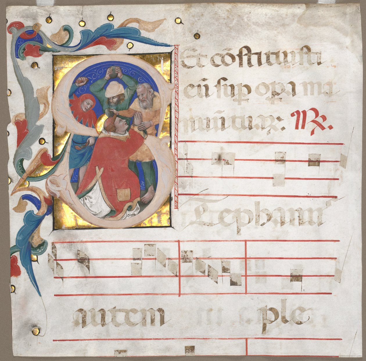Fragmento de un antifonario con inicial historiada (S): La lapidación de San Esteban de Nicolò da Bologna